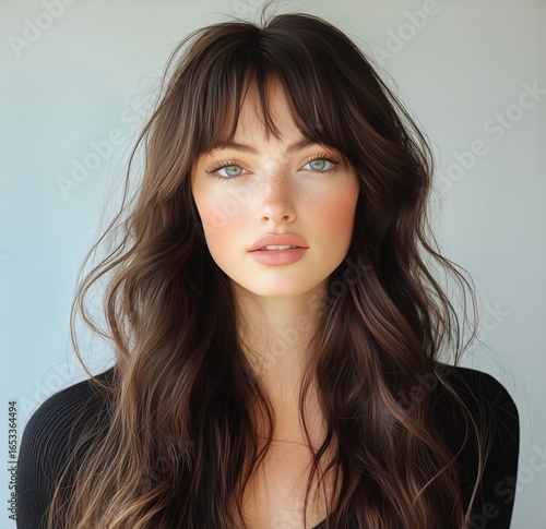 Model With Long Flowing Hair and Captivating Eyes Poses Against a Light Backg...