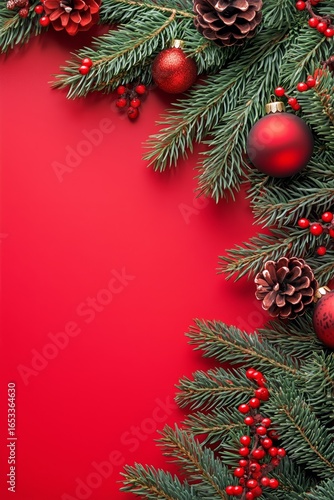 Festive Red Backdrop With Evergreen Branches and Shiny Red Ornaments for Holi...