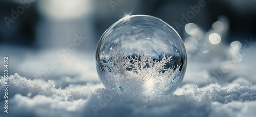 Intricate Snowflake Captured Inside a Delicate Ice Bubble on a Snowy Surface