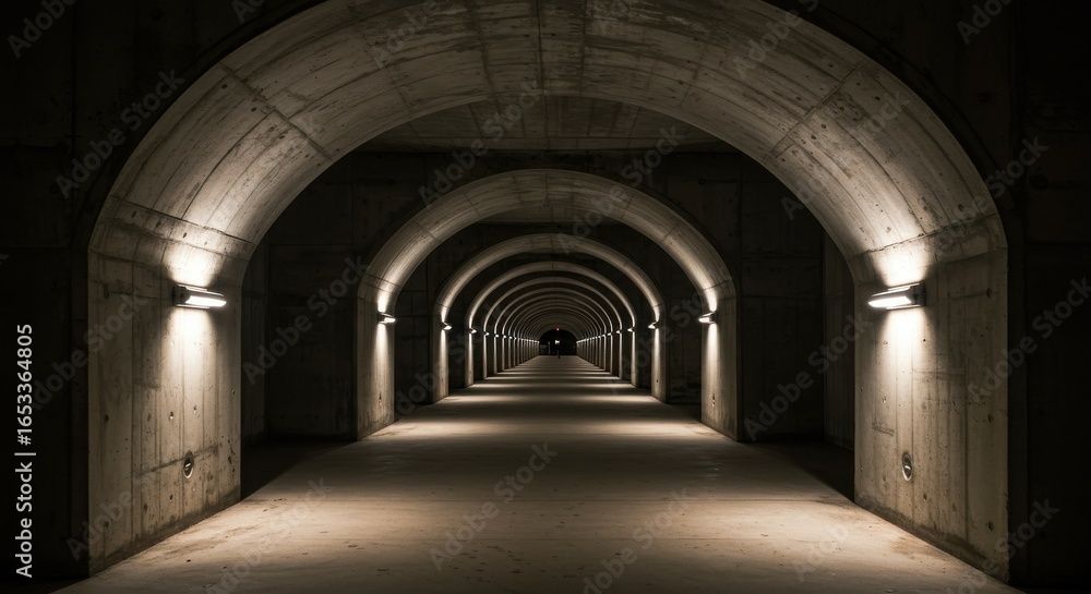 Long concrete tunnel with arched ceiling and lights Long concrete tunnel with arched ceiling and lights