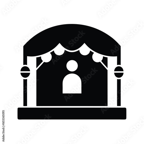 Vector art of simple black and icon of a stage with a person silhouette and decorative lights, isolated