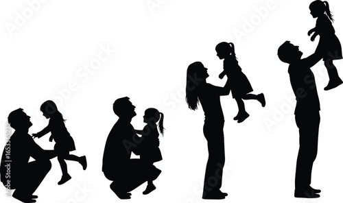 Silhouettes of Parents Lifting and Playing with Children in Joyful Poses, Vector Illustration for Family Bonding, Parenting, Love, and Happy Childhood Themes