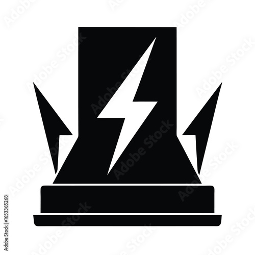Vector art of black icon of a lightning bolt inside a rectangular shape a pedestal, representing electricity and power, isolated