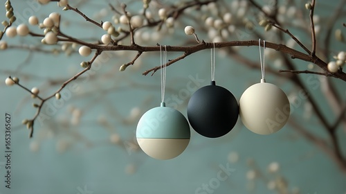 Decorative Hanging Ornaments on a Branch With Berries Against a Soft Background