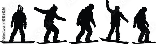 Snowboarder Silhouettes Performing Dynamic Tricks and Stunts in Multiple Action Poses, Vector Illustration for Winter Sports, Outdoor Adventure, and Extreme Recreation Projects