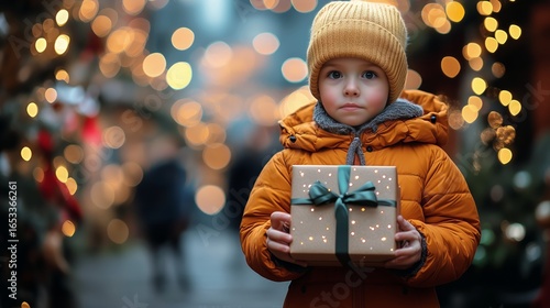 Child Holding a Gift in Festive Market During Winter Evening