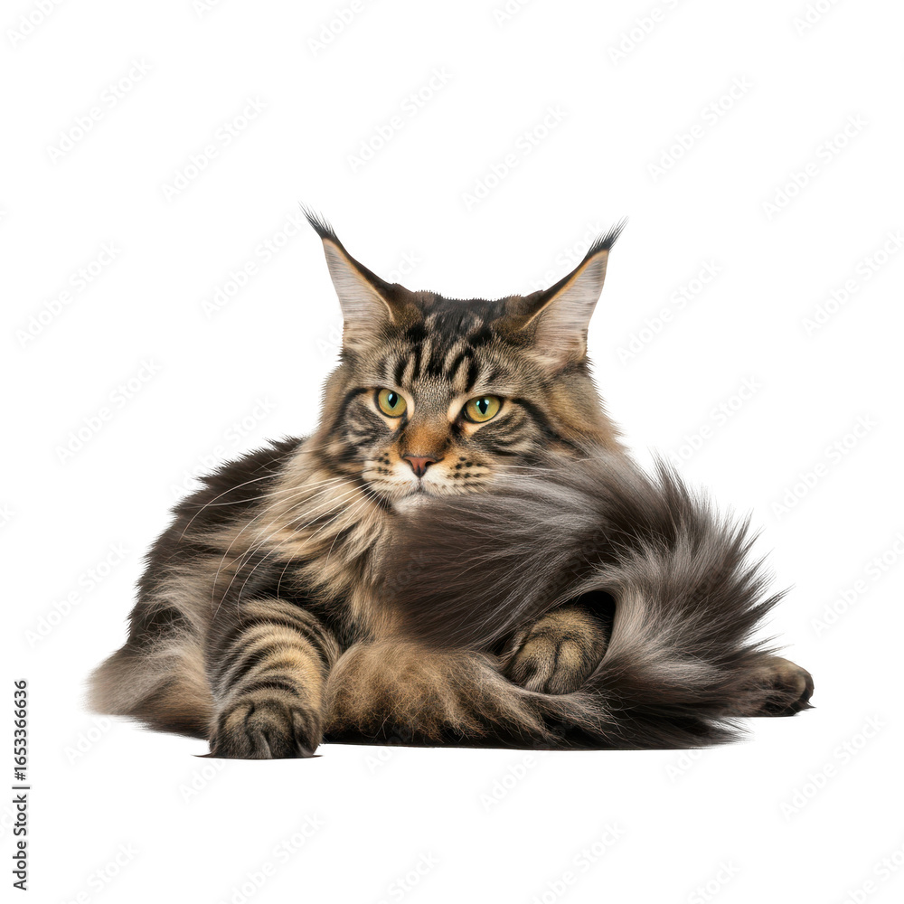 Fototapeta premium Majestic maine coon cat with striking features lying down calmly isolated on transparent background