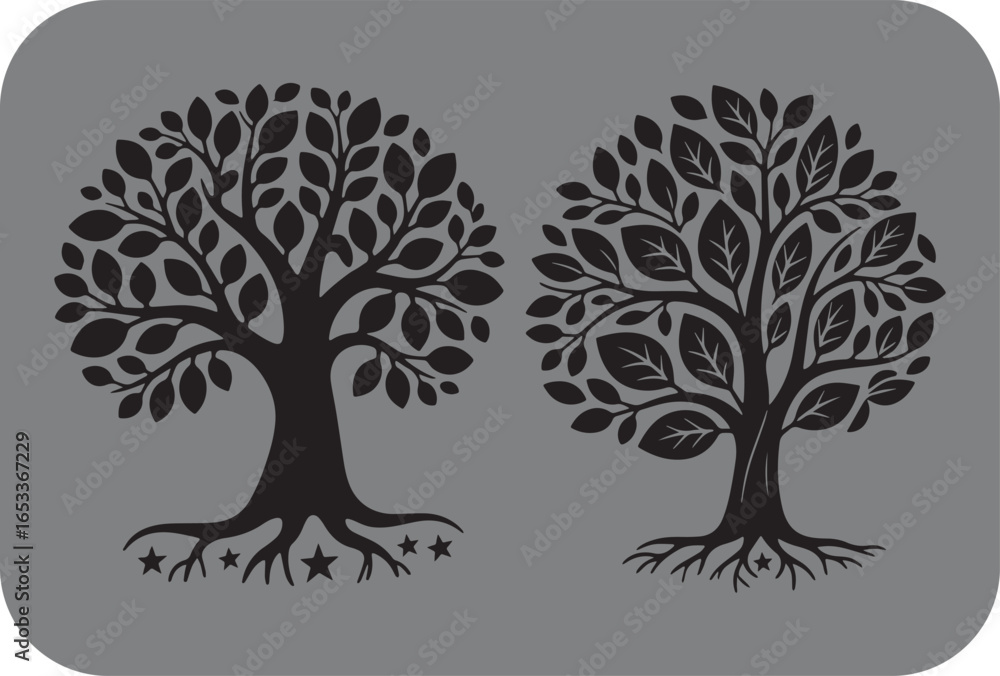 Fototapeta premium Two stylized black silhouette trees with intricate leaf patterns and exposed root systems stand against a soft gray background
