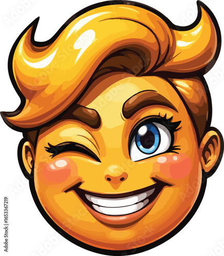 A cheerful cartoon face with bright blue eyes and a golden blonde hairstyle winks.