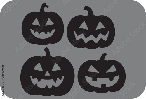 Four silhouetted jack o lanterns with spooky faces on a gray background perfect for halloween decorations and graphics