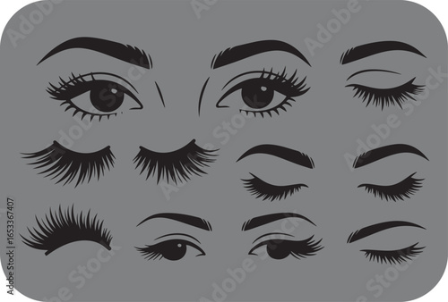 Collection of stylized eye and eyelash illustrations showcasing various makeup techniques and expressions for beauty and fashion inspiration