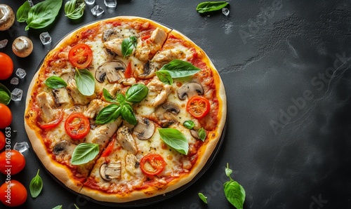 Delicious Homemade Pizza Topped With Chicken, Mushrooms, and Fresh Basil on B...