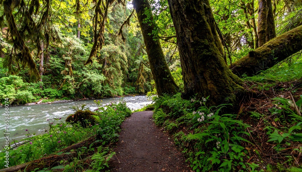 Obraz premium Lush forest path alongside a rushing river