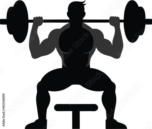 Muscular man performing a barbell squat silhouette isolated on white background