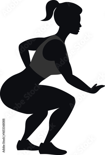 Silhouette of a woman performing a squat exercise isolated on white background
