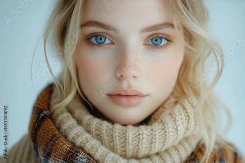 Beautiful Young Woman With Blue Eyes Wearing a Cozy Scarf Against a Light Bac...
