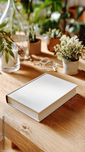 Blank Notebook Resting on Wooden Table Surrounded by Vibrant Green Plants in ...