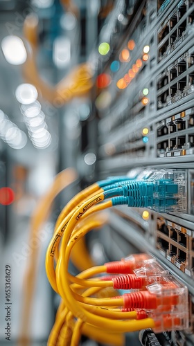 Network Cables Connected to a Server in a Data Center During a Bright Daytime...