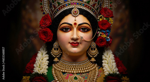 Wallpaper Mural Devi Durga Smiling With Colorful Flowers And Pearls Torontodigital.ca