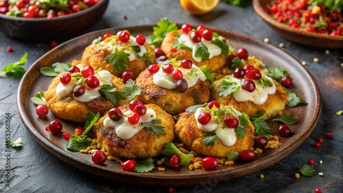 Aloo Tikki Chaat – Crispy potato patties with yogurt, chutneys, sev, pomegranate, coriander topping