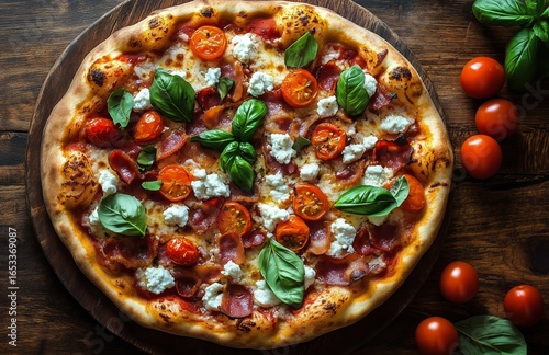 Delicious Homemade Pizza Topped With Fresh Tomatoes, Basil, and Cheese on a W...