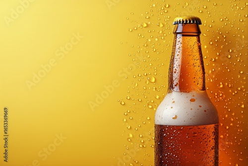 Refreshing Cold Beer With Droplets Against Bright Yellow Background on a Sunn...