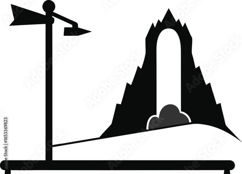 Silhouette of a weather vane and a mountain with a waterfall isolated on white background