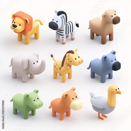 A collection of cute, stylized cartoon animals displayed in a grid format, including a lion, zebra, dog, elephant, giraffe, bear, horse, and goose.