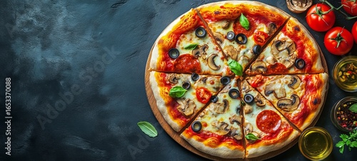 Delicious Pizza With Toppings Fresh From the Kitchen Served on a Rustic Table