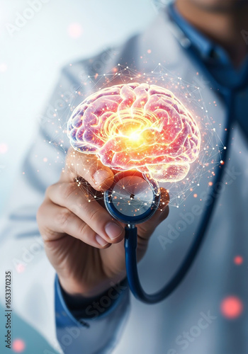 Doctor holding a stethoscope to a glowing digital brain
