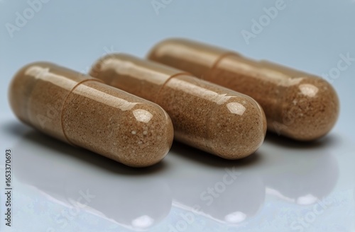 Herbal Capsules Displayed on a Clean Surface Highlighting Natural Ingredients...