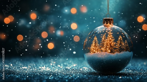 Holiday Ornament With Illuminated Trees and Snow During Winter Season