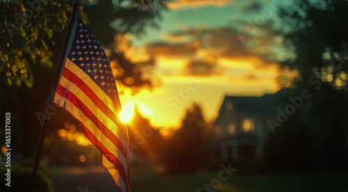 American Flag Waving at Sunset in a Peaceful Neighborhood Setting