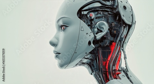 Futuristic Robot Head With Sleek Design and Glowing Details in Bright Digital...