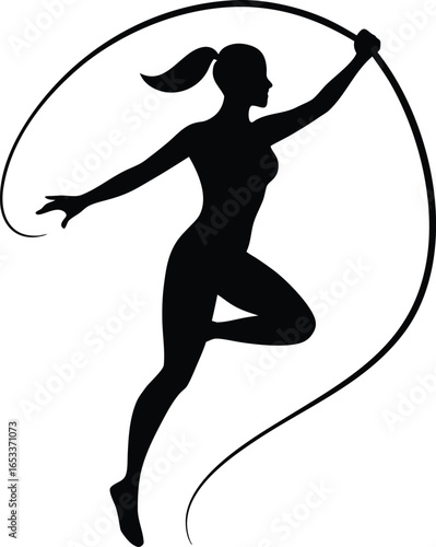 Silhouette of a woman jumping rope in a dynamic pose isolated on white background