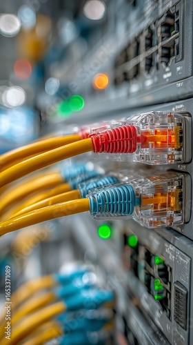 Network Cables Connected to a Server in a Data Center During a Bright Daytime...