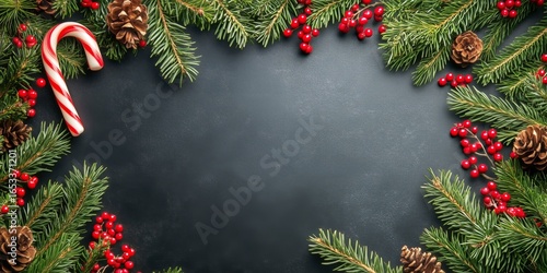 Festive Holiday Decorations Featuring Pine Branches, Berries, and a Candy Can...