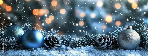 Christmas Decorations With Blue and Silver Ornaments on a Snowy Background Du...