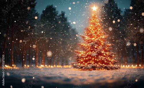 Christmas Tree Glowing in a Snowy Forest at Night Under Falling Snowflakes.