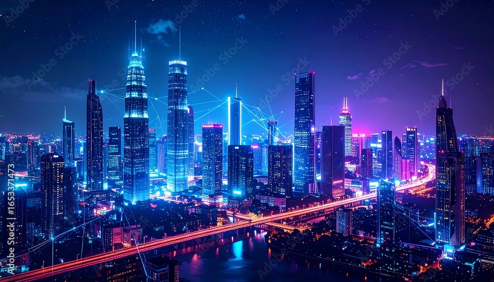 Obraz premium Vibrant cityscape at night, futuristic network