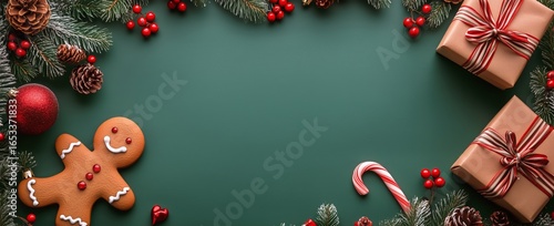 Festive Holiday Decorations Featuring Gingerbread Man and Wrapped Gifts on a ...