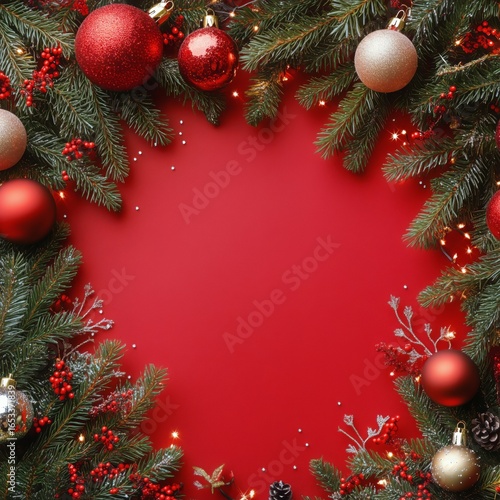 Festive Holiday Decorations With Red Ornaments and Pine Branches on Vibrant R...