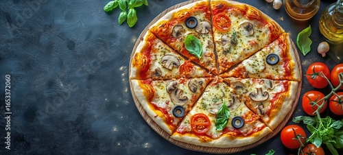 Delicious Homemade Pizza With Toppings and Fresh Ingredients on a Dark Surface.