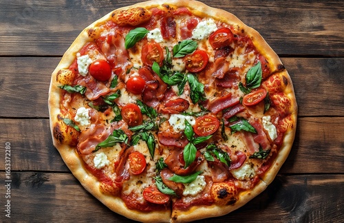 Delicious Homemade Pizza With Fresh Ingredients on Rustic Wooden Table.