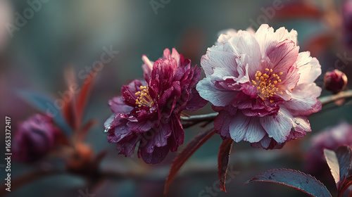 Two pink and white camellia flowers bloom in garden. Soft, romantic style for web, editorial, design, and marketing.