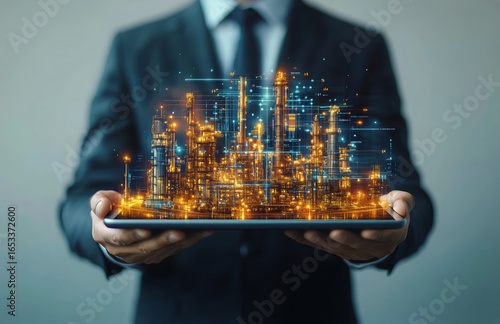 Innovative Digital Cityscape Displayed on a Laptop by a Businessman in an Urb...