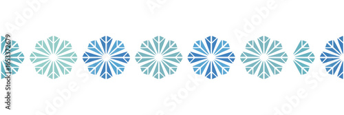 A repeating pattern of blue and teal geometric floral shapes on a white background in a horizontal row