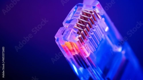 Close-up of Ethernet Network Cable with Neon Blue and Purple Light — Futuristic Technology Concept