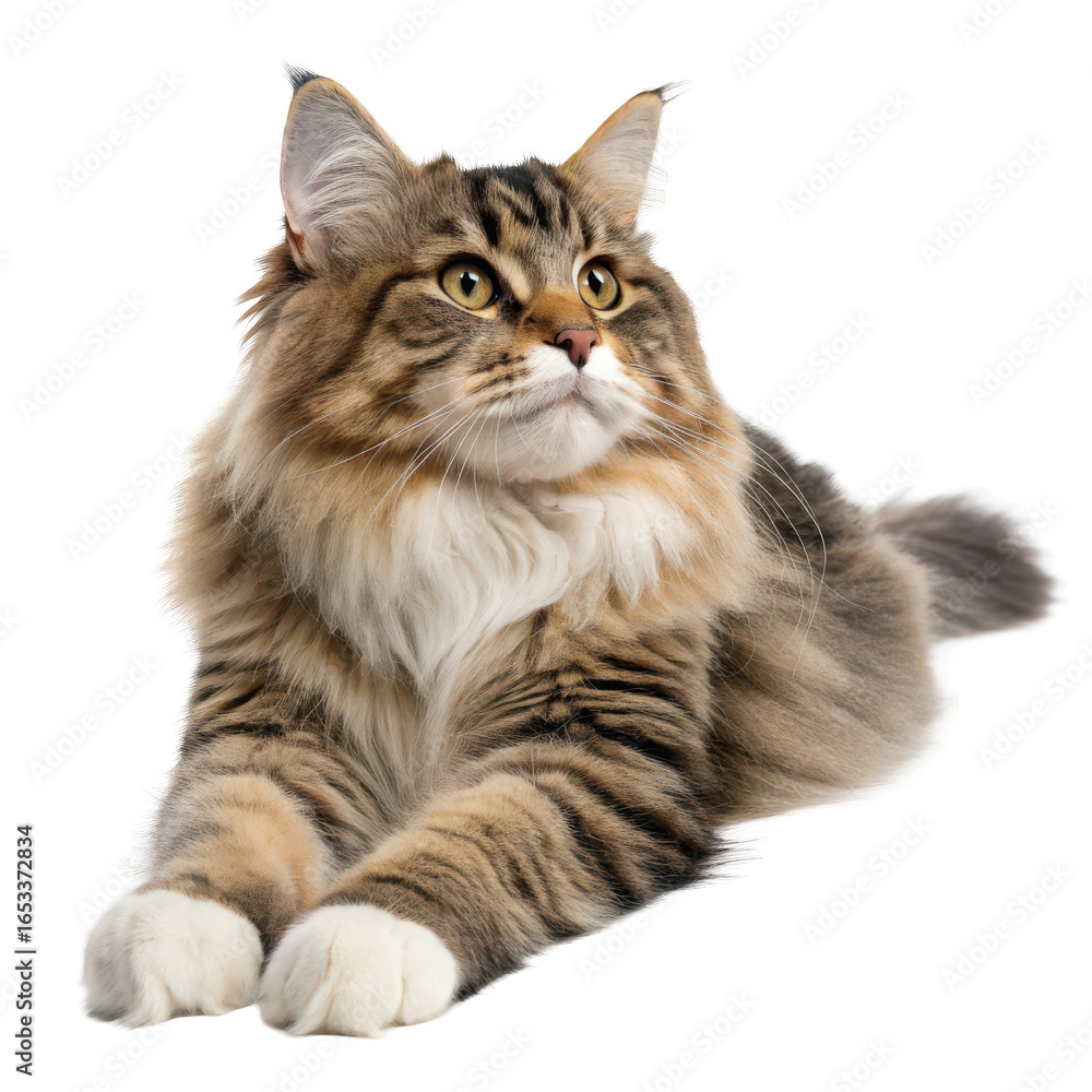 Fototapeta premium Majestic Maine Coon cat with luxurious fur, gazing upwards, perfect for pet care, animal health, and lifestyle branding