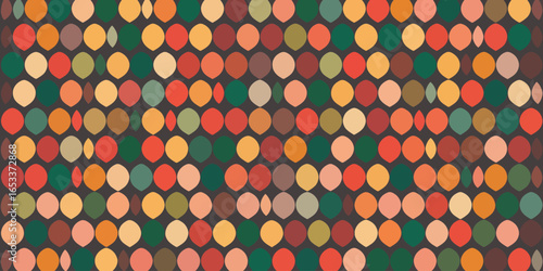 A repetitive pattern of colorful circles arranged in rows and columns on a dark background surface area
